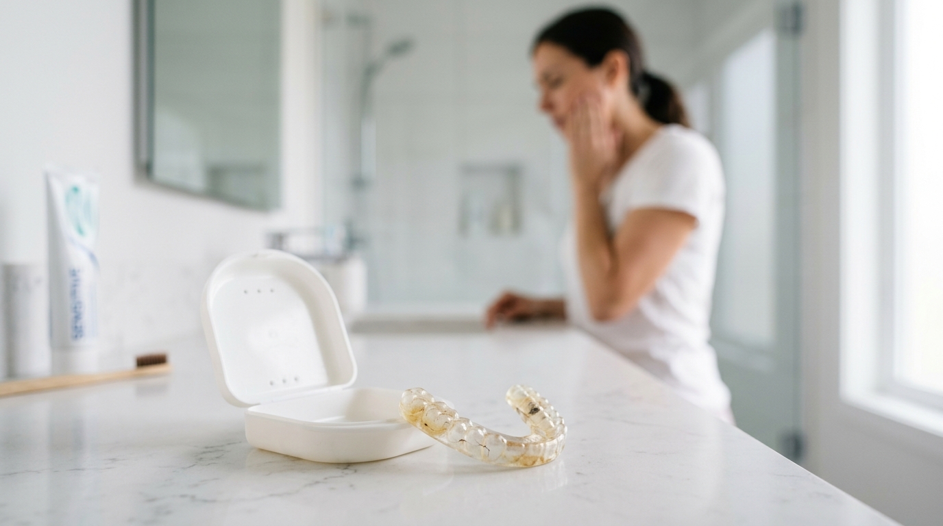 Woman with jaw pain from teeth grinding despite wearing a night guard