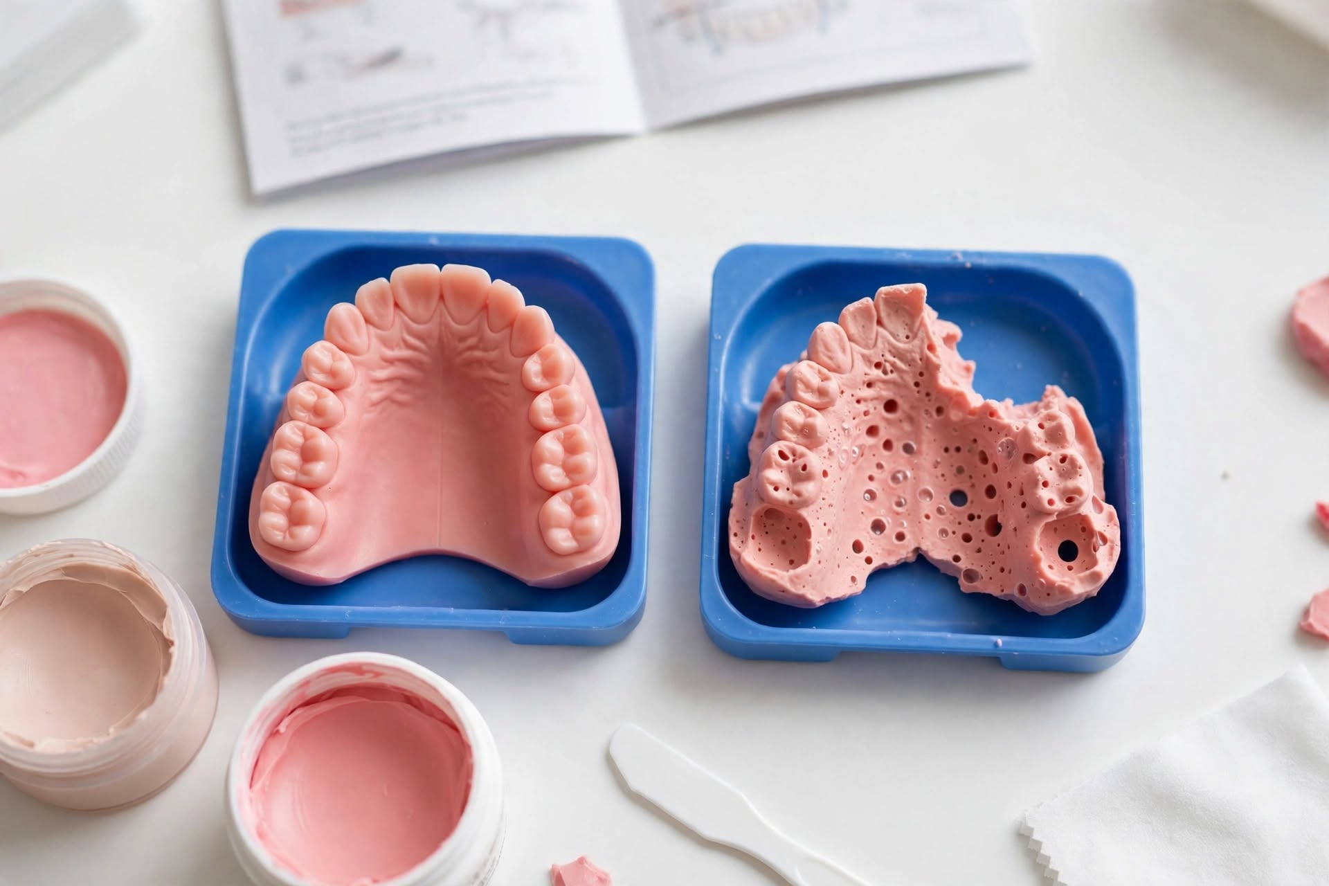 How to take dental impressions at home: impression trays and putty with a clear upper and lower impression